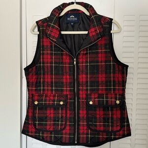 British Khaki Classic Preppy Red Tartan Plaid Puffer Vest, Size L